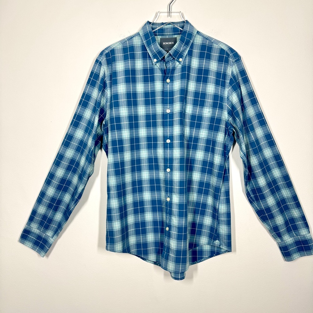 Bonobos Men’s Size Large Slim Fit Blue Plaid Casual Button Down Cotton Shirt